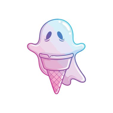 Eriyen hayalet dondurma külahı. Bu büyüleyici illüstrasyon, neşeli, hayalî bir varlığın tatlı bir dondurulmuş şekere dönüşmesini tasvir ediyor..