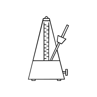 Music Metronome Simgesi. Klasik bir zaman tutucunun basit bir beyaz çizgisi çizimi. Bu ikonik enstrüman istikrarlı bir ritmi, eğitimi ve müzikal doğruluğun temellerini somutlaştırıyor..