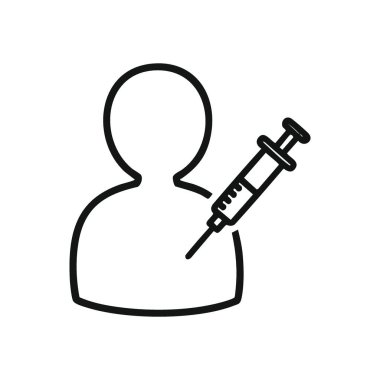 Aşı enjeksiyonu sağlık hizmeti ikonu. Bağışıklık kazanan bir bireyi tasvir eden şekillendirilmiş grafik. Tıbbi tedavi, hastalık önleme ve kamu sağlığı girişimlerini temsil etmektedir.