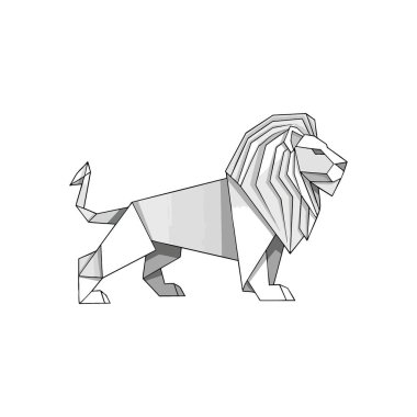 Geometrik Aslan Çizimi. Görkemli büyük bir kedinin çokgen tasviri. Gücü, cesareti ve liderliği somutlaştırır. Modern sanatsal projeler için mükemmel..