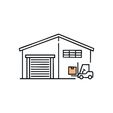 Lojistik ve Depolama Tesisi Simgesi. Çalışan bir forklifti olan büyük bir ticari binanın modern tasviri. Verimli tedarik zinciri süreçlerini, dağılımı ve küresel.