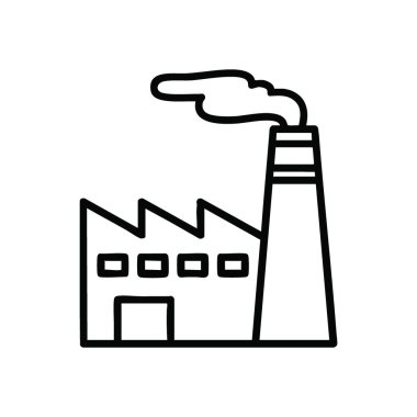 Sanayi Tesisi Üretim Simgesi. Uzun bir bacası olan bir imalat şirketinin minimalist çizimi. Bu görüntü sanayileşmenin, ticaretin ve potansiyel kirliliğin özünü taşıyor..