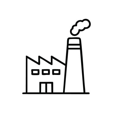 Sanayi Binası Simgesi. Yüksek bacası olan bir üretim tesisinin basit bir grafiği. Üretim, iş ve potansiyel çevresel kaygıları belirtir.