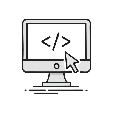 Kodlama Web Geliştirme Simgesi. Bu minimalist grafik, dijital kod sembolleri ve aktif imleci olan, yazılım oluşturma ve teknolojik yenilikleri gösteren modern bir ekrana sahiptir..