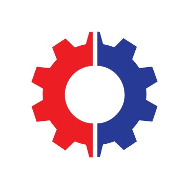 Çift Renkli Vites Bağlantısı Simgesi. Bir dişlinin grafik tasviri, dikey olarak kırmızı ve mavi renklere bölünmüş. İşbirliği, karşıt fikirler ve sistemik dengeyi simgeler.