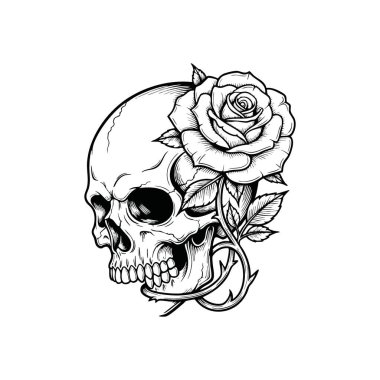 Kafatası ve Gül oymalı tasarım. Tek renkli kafatası zarif bir çiçekle eşleştirilmiştir. Bu sanat eseri sonsuz yaşam, ölüm ve güzellik döngüsünü temsil ediyor..