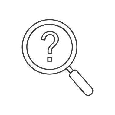 Soru işareti büyüteç simgesini ara. Bu amblem keşif ve deşifre araştırmalarını simgeliyor. Soruşturma, keşif ve sorun çözme için bilgi arayışının özünü somutlaştırır..