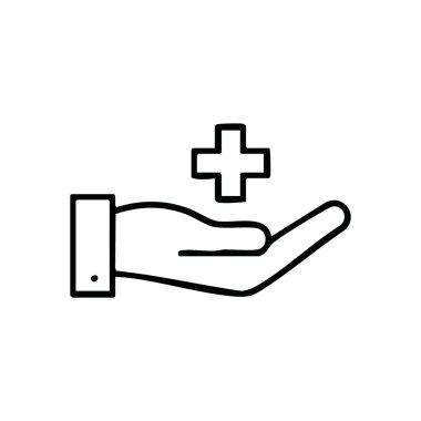 Sağlık Hizmetleri El Sembol Simgesi Simgesi. Tıbbi haç sunan bir avuç içi resmi, temel hizmet, toplum yardımı ve refahı simgeliyor..