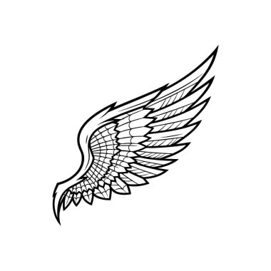 Zarif Stil Tüy Kanat Grafiği. Bu büyüleyici monokrom amblemi güçlü bir uçuş uzantısını tasvir ediyor. Özgürlüğü, arzuyu ve ilahi korumayı simgeler..