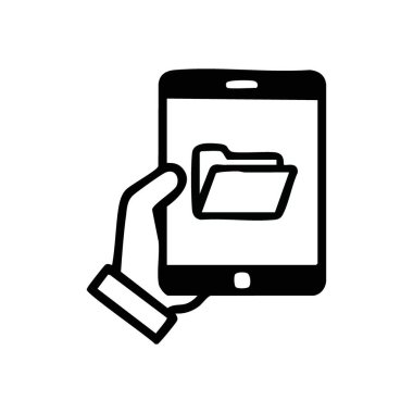 Mobil Veri Erişim El Simgesi. Bir kullanıcı dijital dosya dizinini gösteren bir telefon tutar. Uygun organizasyon, bulut çözümleri ve temel bilgi yönetimi anlamına gelir.