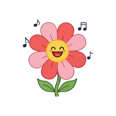 Neşeli Çiçek ve Müzik Notaları. Melodik sembollerle çevrili gülümseyen bir çiçeğin resimlerini içeriyor. Bu enfes tasarım mutluluk ve uyumu çağrıştırıyor..