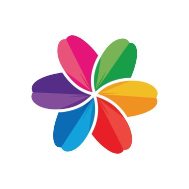 Renkli Soyut Yaprak Logosu. Dairesel bir şekilde düzenlenmiş altı farklı, canlı renkli segmentten oluşan dinamik bir grafik. Çeşitliliği, birliği ve yaratıcı bağlantıyı temsil eder..