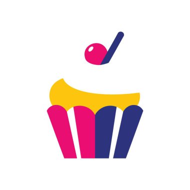 Kirazlı Topped Cupcake. Renkli tabanlı, sarı kremalı ve canlı meyve aksanlı enfes bir modern tatlı illüstrasyonu. Mutluluğu ve tatlı kutlamayı sembolize eder..