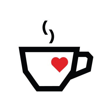 Sıcak içeceğe bayılma grafiği. Buharlı bir bardağın minimalist illüstrasyonunda canlı kırmızı bir kalp, konforlu, özenli ve tutkulu bir şekilde nakledilir. Damgalamak için mükemmel..