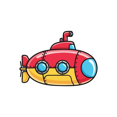 Canlı Çizgi Film Denizaltısı. Neşeli kırmızı ve sarı bir denizaltı penceresi ve periskop içerir. Su yolculukları, keşif ya da çocukların hayal gücü için mükemmel bir tema..
