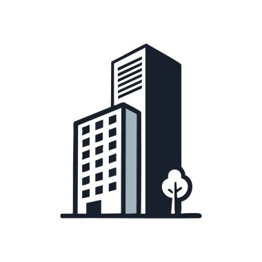 Şehir Yapıları ve Yeşillik. Minimalist grafik, bir ağacın yanında çeşitli mimari tasarımlar çiziyor. İş, konut, ilerleme ve ekolojik dengeyi sembolize eder.