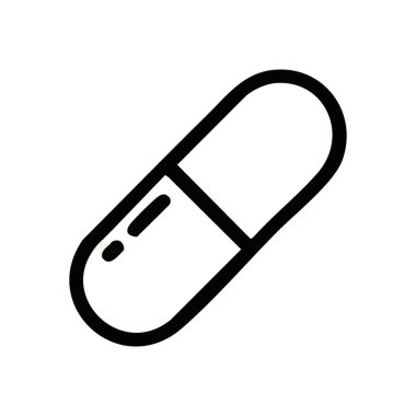 Tıbbi Kapsül Taslak Simgesi. Pürüzsüz, siyah bir grafik tıbbi tedavi, sağlık ve bilimsel tedaviyi sembolize eden bir ilaç tableti tasvir ediyor. Dijital projeler için ideal.