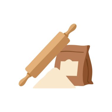 Esasları fırında un ve Rolling Pin. Mutfak eşyalarının görüntüsü: bir kese öğütülmüş tahıl ve hamur işi için ahşap alet. Lezzetli ev yapımı ikramlar yapmanın sevincini somutlaştırıyor..