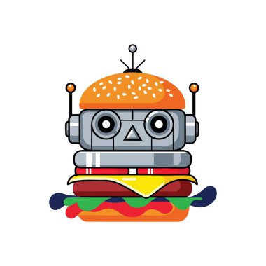 Garip Teknisyen Burger Karakteri. Hamburgerle kaynaşmış fütürist bir otomatı gösteren hoş bir grafik. Bu büyüleyici ikon yenilikçi gastronomi ve dijital mutfak eğilimlerini somutlaştırıyor.