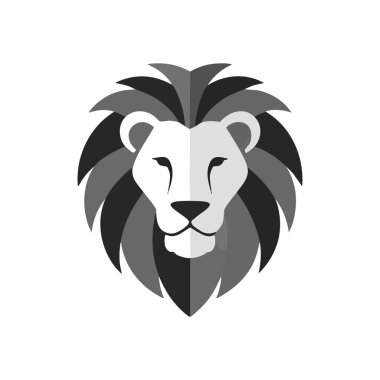 Majestic Lion Head Düz Tasarımı. Asgari gri tonda asil bir kedinin amblemi. Bu güçlü grafik cesaret, güç ve vahşi ruhu temsil ediyor..