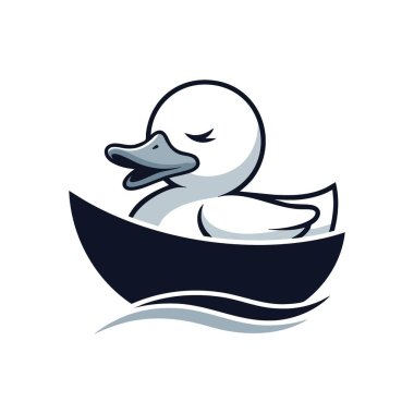 Huzurlu Ördek Teknesi Yolculuğu. Beyaz bir kuşun sakin bir şekilde karanlık bir teknenin içinde huzur dolu yolculukları ya da huzurlu maceraları simgeleyen hoş bir tasviri..