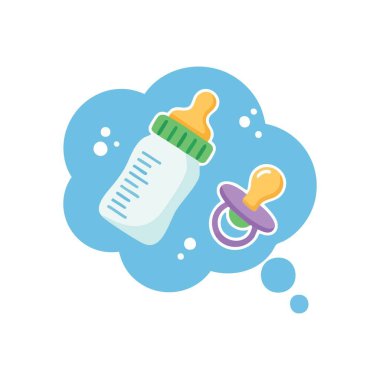 Ebeveynlik Bebek Düşleri Temelli. Sevimli bir illüstrasyonda beslenme şişeleri ve düşünceli bir bulut içinde sakinleştirici bir kukla var. Küçük bir beklenti, aile planlaması ya da geleceği çağrıştırıyor..