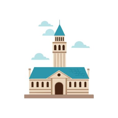 Tarihi Kamu Binası İllüstrasyonu. Vektör çizimleri, yüksek çan kulesi, gök mavisi çatısı ve kemerli girişi olan geleneksel bir sivil yapı tasvir ediyor. İstikrar ve ilerlemeyi simgeler..