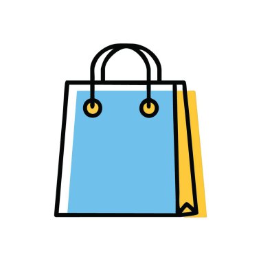 Renkli Alışveriş Torbası Simgesi Tasarımı. Canlı mavi ve sarı kağıtlar, perakende alımları, online siparişleri ve başarılı işlemleri temsil ediyor. Modern tüketiciliğin parlak bir sembolü.