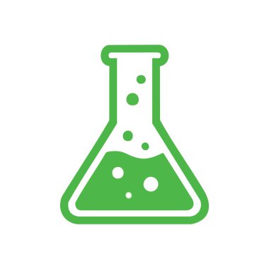 Yeşil Fen Laboratuvarı Matarası Grafiği. Koni laboratuvar teknesinin içinde canlı yeşil sıvı kabarcıkları. Bu minimalist grafik bilimsel keşfi, araştırmayı ve eğitimsel ilerlemeyi sembolize eder..