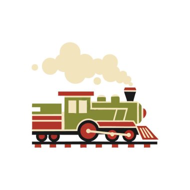 Klasik Buhar Treni İllüstrasyonu. Çekici bir klasik lokomotifin stilize edilmiş grafiği, buhar püskürten raylar. Seyahat, macera ve ebedi yolculukları çağrıştırıyor. Tasarım projeleri için ideal.