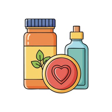 Doğal Sağlık ve Öz Bakım Simgesi. Bitkisel takviyeler ve yatıştırıcı yağlar da dahil olmak üzere sağlık ürünlerinin canlı bir illüstrasyonu. Bütünsel bakım, canlılık ve refahı sembolize eder..