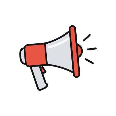 Canlı Megafon İletişim Simgesi. Dikkat çekmek için renkli bir ses aygıtı grafiği. Bu amblem aciliyet, halka açık konuşma ve etkili bir sosyal yardım mesajı içeriyor, önemli duyuruları sembolize ediyor.