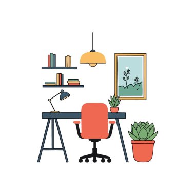 Samimi İçişleri Ofisi Çalışma Alanı Düzeneği. Uzaktan kumandalı profesyoneller için modern çalışma masası düzenlemesi. Sandalye, ışıklandırma ve bitkileri içerir, üretken ve dengeli bir atmosferi teşvik eder.