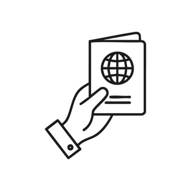 Global Seyahat Simgesi El Tutma Pasaportu. Bir insanın avucunun, dünya amblemi içeren resmi bir seyahat belgesini sunan stilize bir illüstrasyonu. Uluslararası seyahatleri, sınırları ve.