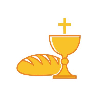 Kutsal Komünyon elementleri. Altın bir kadeh, haç ve ekmek somunu içeren canlı bir illüstrasyon, derin Hristiyan inancını ve ruhani zarafeti simgeliyor..