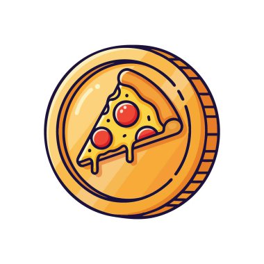 Pizza Sikkesi Kripto Token. Lezzetli bir pepperoni dilimi ile parlayan sanal para, engellenmiş varlık değerini temsil eden, güvenli çevrimiçi alışverişler, ve aşçılık endüstrisi gelişmeleri.