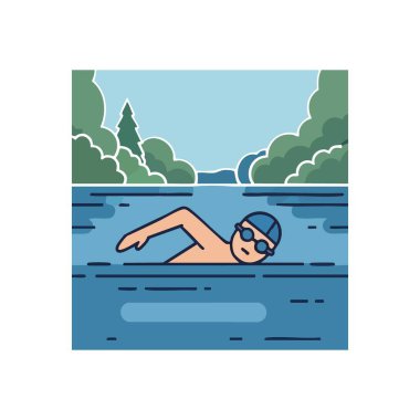 Gölde süzülen sporcu. Canlı bir grafik, dingin doğal ortamlarda ferahlatıcı su egzersizlerinden keyif alan birini canlandırıyor. İyiliği ve sükuneti simgeler..