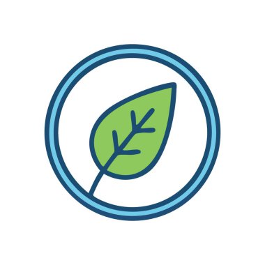 Yeşil Yaprak Ekoloji Sembolü. Bu canlı illüstrasyon mavi bir yüzüğe sarılı yeşil bir botanik elementi içeriyor. Çevresel koruma, doğal sağlık ve sorumlu seçimler anlamına geliyor..