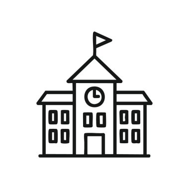 Akademik Kurum Simge Özeti. Seçkin bir kampüs yapısının saat kulesiyle basit bir vektör çizimi. Öğrenimi, toplumu ve sivil yaşamı temsil eder.