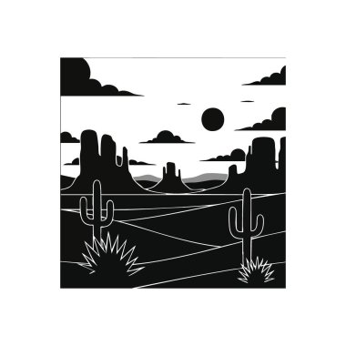 Ay ışığı Çöl Gecesi Sahnesi. Uçsuz bucaksız bir kuraklığın tek renkli gece çizimi. Yüksek kaya oluşumları, saguaro bitkileri ve parıldayan gök cisimleri. Huzur ve yalnızlığı çağrıştırıyor..