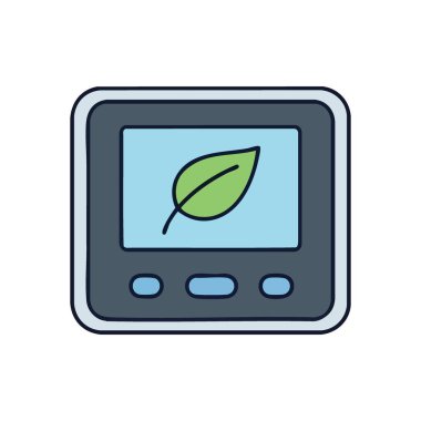 Akıllı Çevre Enerji Monitörü. Çevresel bilinci ve kaynak verimliliğini somutlaştıran yeşil bir yaprağı gösteren dijital panel. Sürdürülebilir akıllı ev yenilikleri için mükemmel.