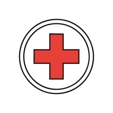 Kızıl Haç Tıbbi Yardım Amblemi. Bu evrensel sağlık sembolü, canlı bir kırmızı artı beyaz yuvarlak bir alanda, temel insani yardım ve acil yardım iletir..