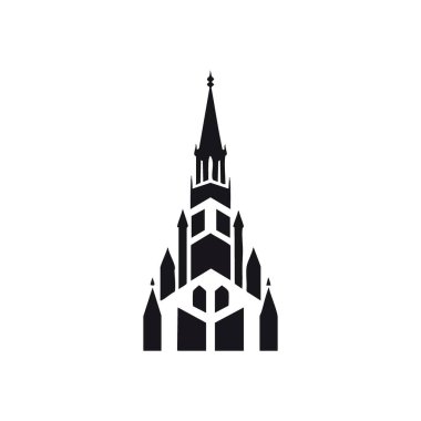 Zarif Gotik Spire Silhouette. Yüksek bir mimari yapının soyut gölgeli taslağı, antik bir gizemi çağrıştırıyor, ruhani derinliği, ve kalıcı gücü..