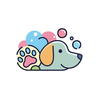 Mutlu Hayvan Bakımı Çizgi Film Simgesi. Yumuşak köpükler arasında dost canlısı bir karakter ve pati tasvir edilen nazik köpek banyosu, temizliği ve sevgiyi simgeliyor..