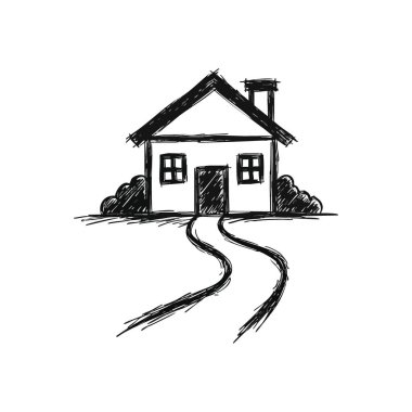 Kıvrımlı Yollu Konforlu Çizim. Karanlık bir arka planda minimalist beyaz ev çizimi. Konforu, gelecekteki yolculukları ve anıları temsil eder..