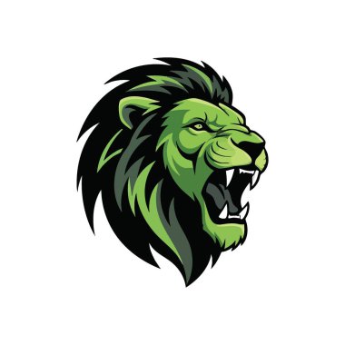 Agresif Zümrüt Aslan Amblemi. Karanlık bir arka planda sivri dişleri olan güçlü bir orman kedisinin canlı bir çizimi. Gücü, kararlılığı ve ehlileştirilmemiş ruhu temsil eder..