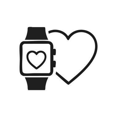 Dijital saat kalp atış hızı sembolü. Bu piktogram, kişisel sağlık ve zindelik gelişimlerini belirten, hayati ölçümleri izleyen modern bir bilek cihazını tasvir ediyor..