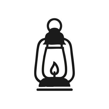 Klasik Fener Taslak Simgesi. Alevli geleneksel taşınabilir lambanın basit vektör grafiği. Açık hava temaları için rehberlik, güvenlik ve macerayı sembolize eder.
