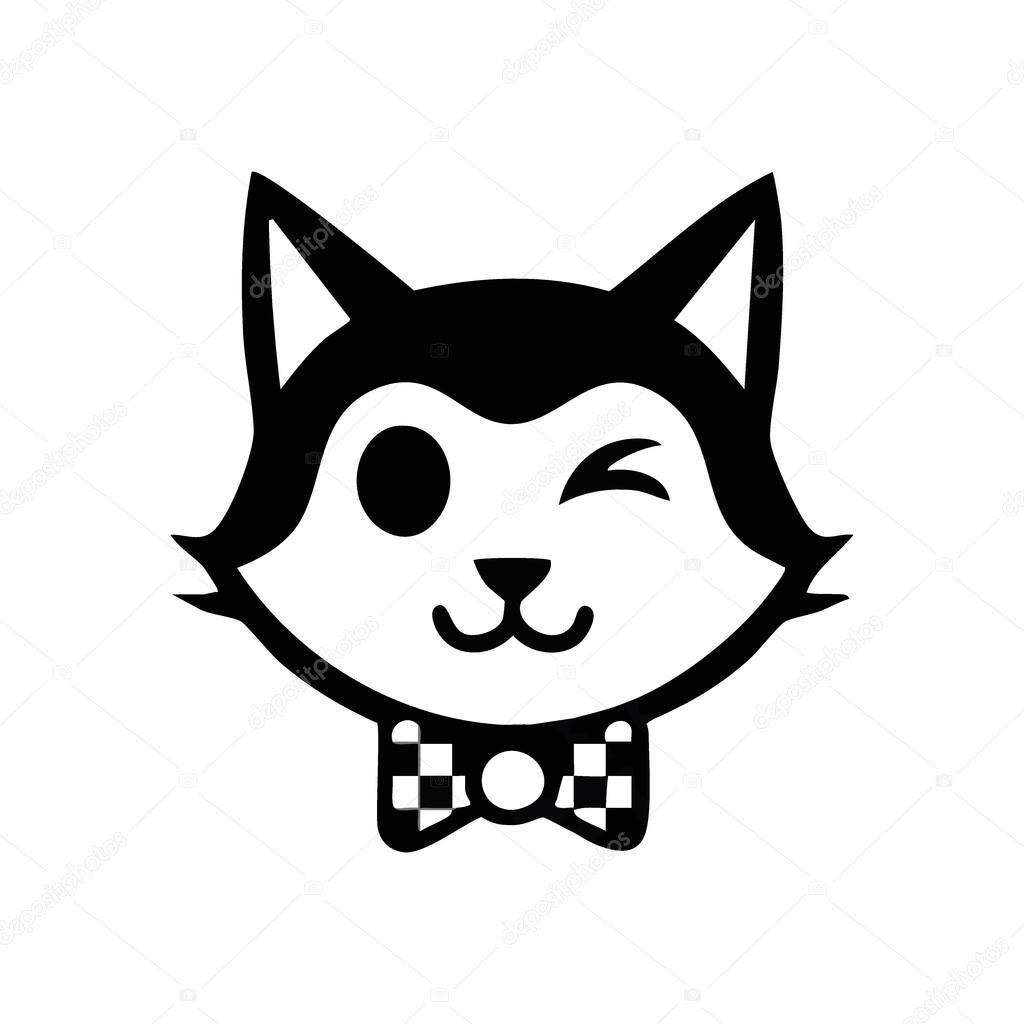 Cute Winking Canine Head with Bowtie. Adorable expressive doggy face features a playful wink and smart checkered cravat. This delightful character symbolizes fun and friendship.