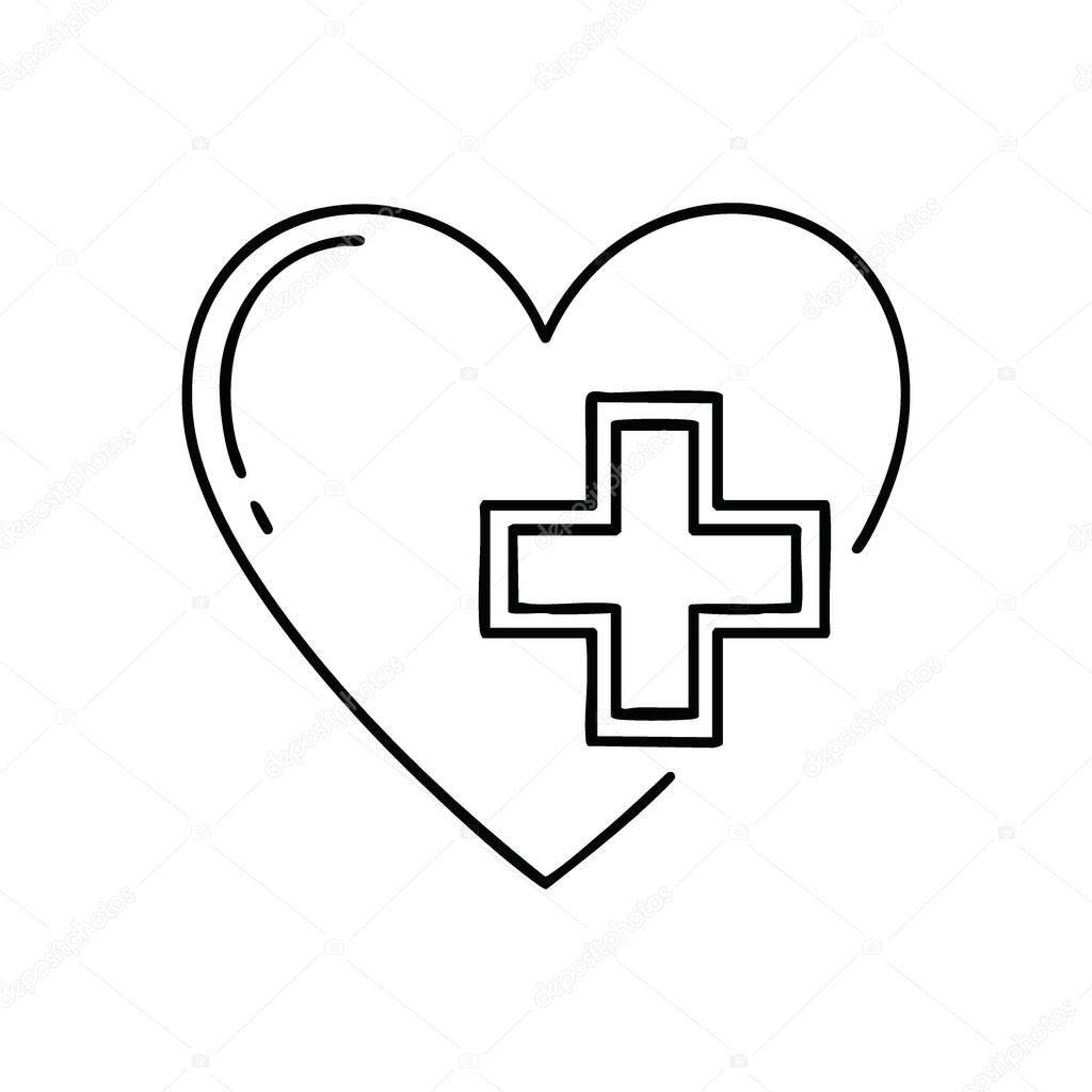 Health Care Heart Symbol. An emblem showcasing a medical cross inside a loving contour, conveying vital well-being, compassionate aid, and community support.